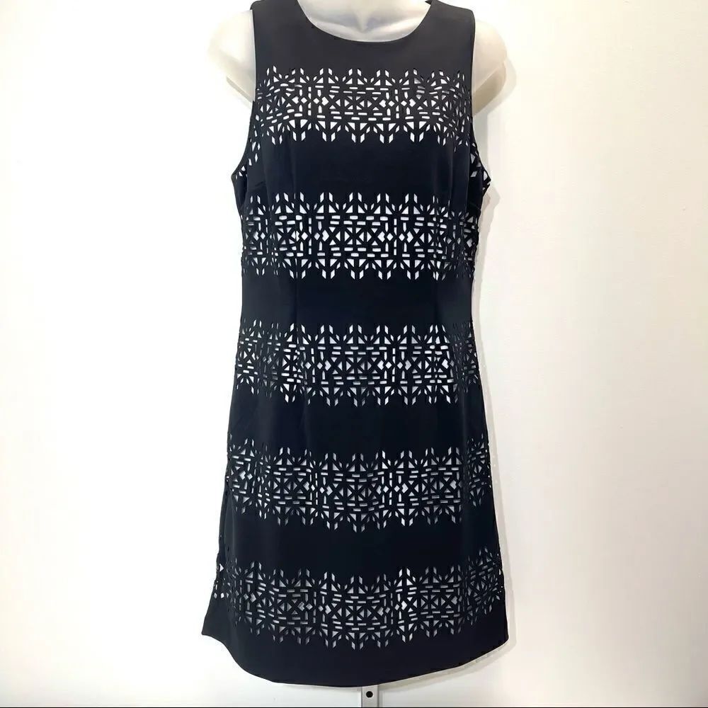 WHBM laser cut out black white sleeve shift dress 8 wedding party